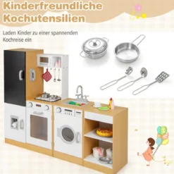 3-teiliges Kinder-Spielküchenset Holz Spielküche mit realistischen Geräuschen & Lichtern Natur + Weiß