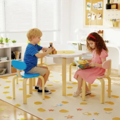5 Teiliges Kinder Tisch Stuhl Set in Blumenform mit Stauram Kindersitzgruppe Maltisch aus Holz