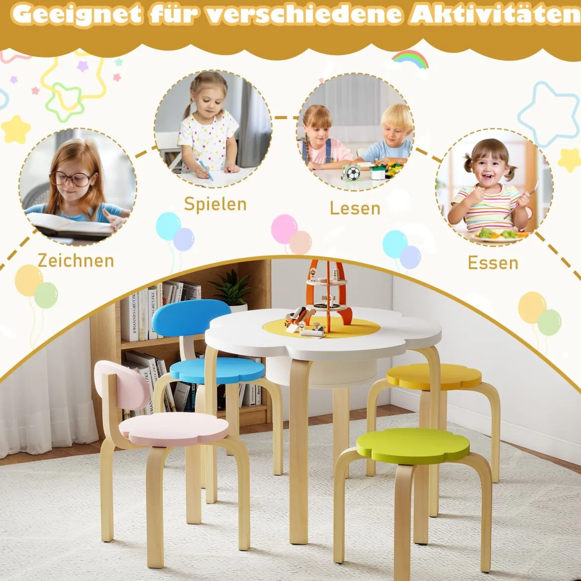 5 Teiliges Kinder Tisch Stuhl Set in Blumenform mit Stauram Kindersitzgruppe Maltisch aus Holz