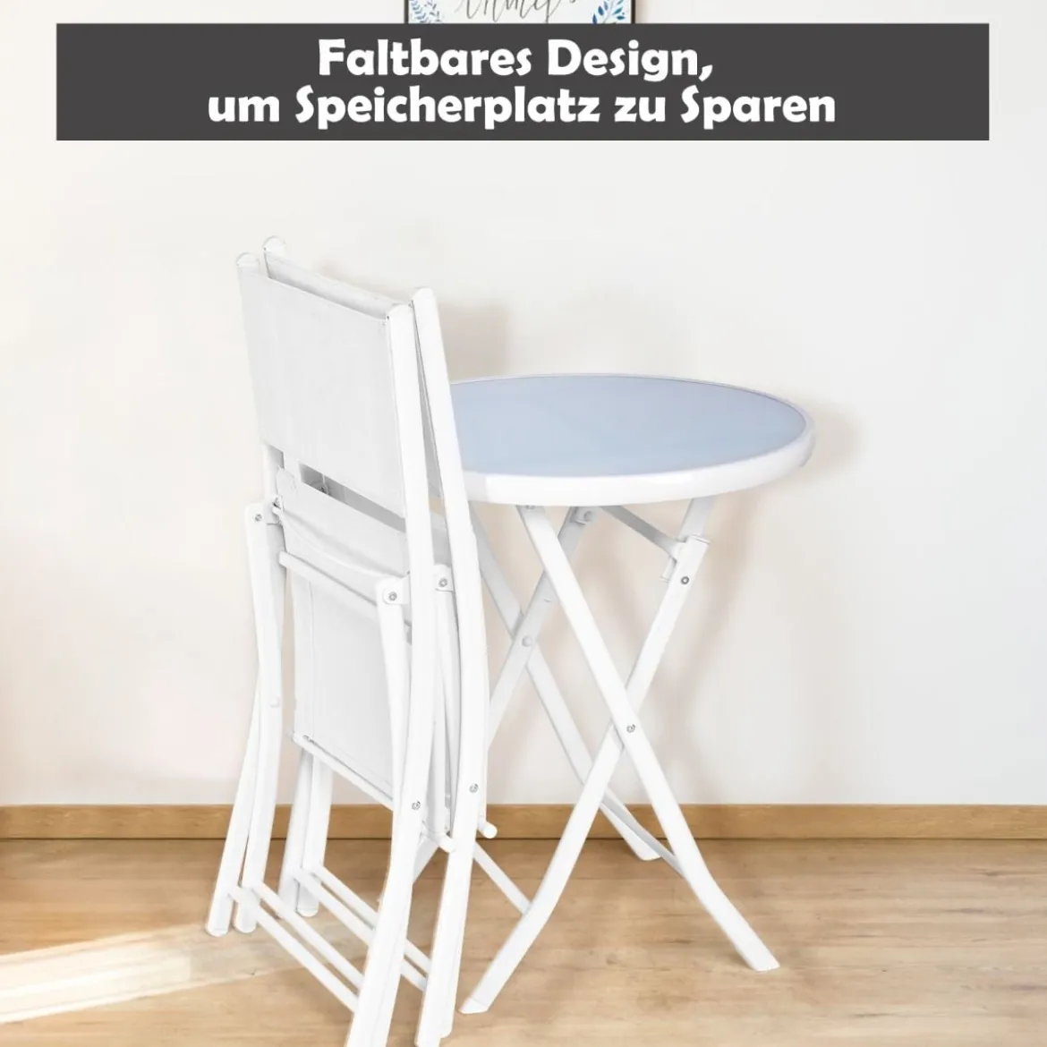 3-teiliges klappbares Bistroset Balkonset Gartenset Sitzgarnitur mit 2 Stühle & 1 runder Tisch Weiß