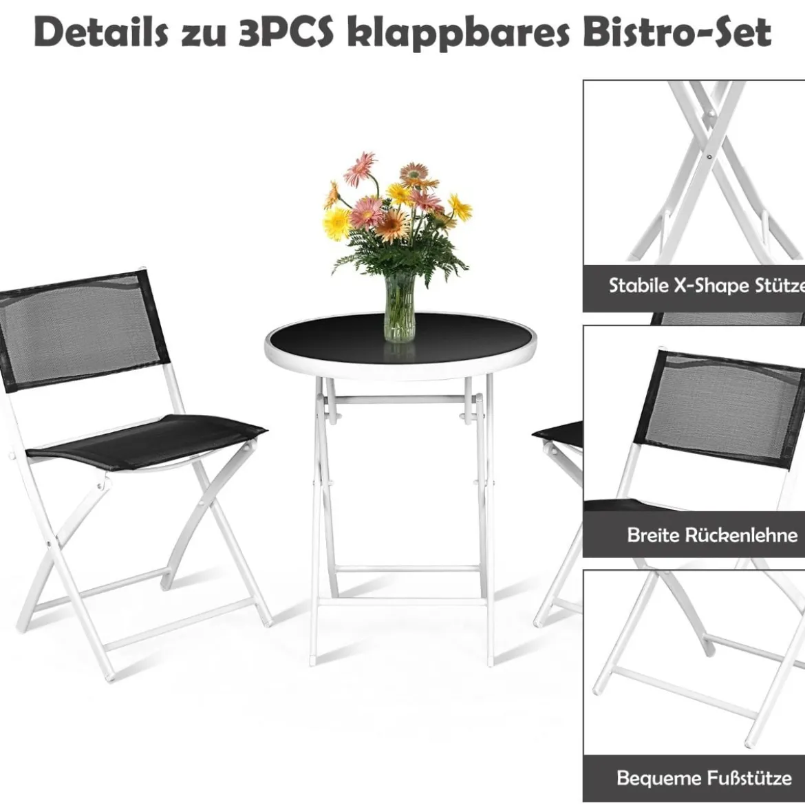 3-teiliges klappbares Bistro-Set Tisch mit Stühlen Bistroset klappbar Bistrotisch Schwarz + Weiß