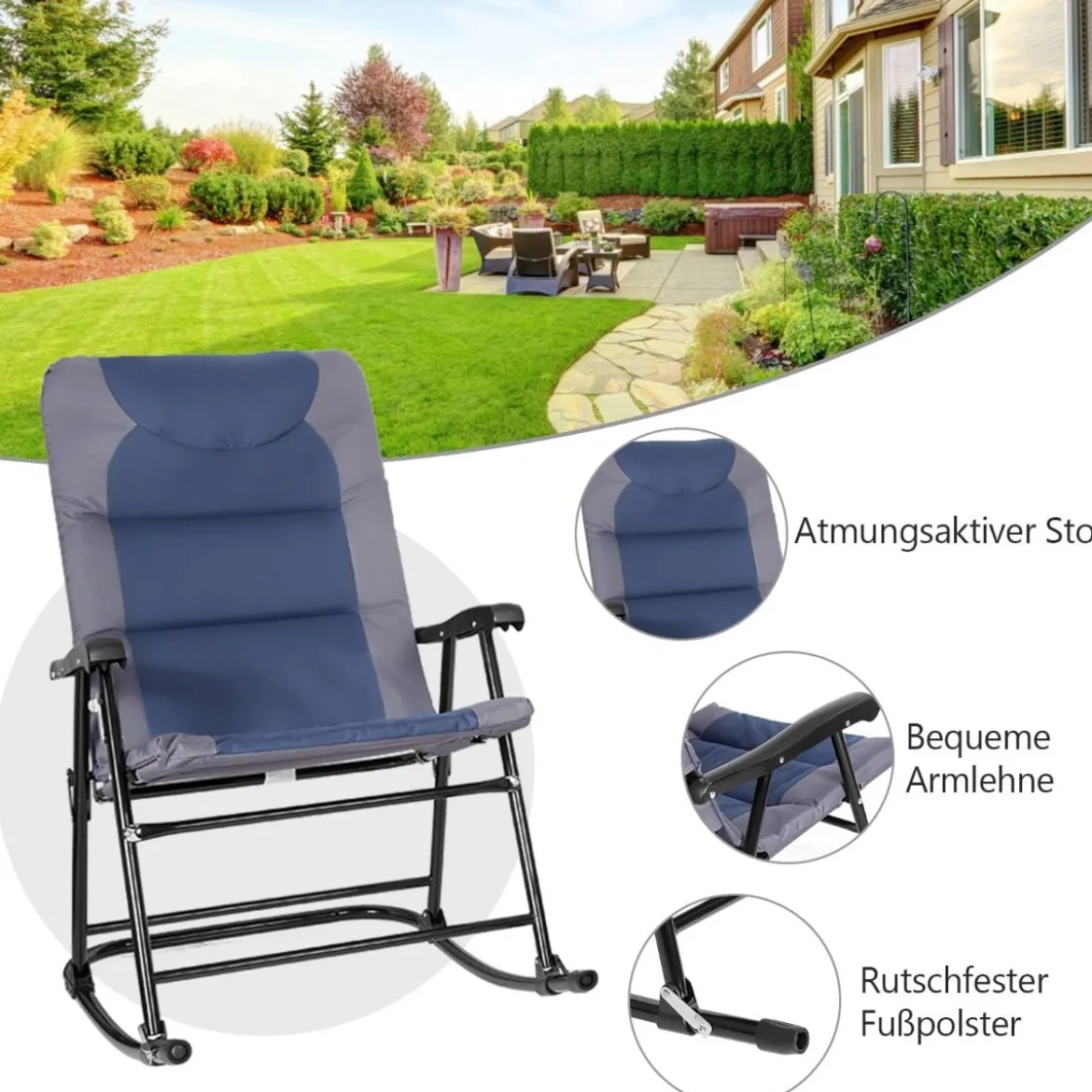 3-teiliges klappbares Bistro-Set Outdoor-Schaukelstühle mit TischBlau + Grau