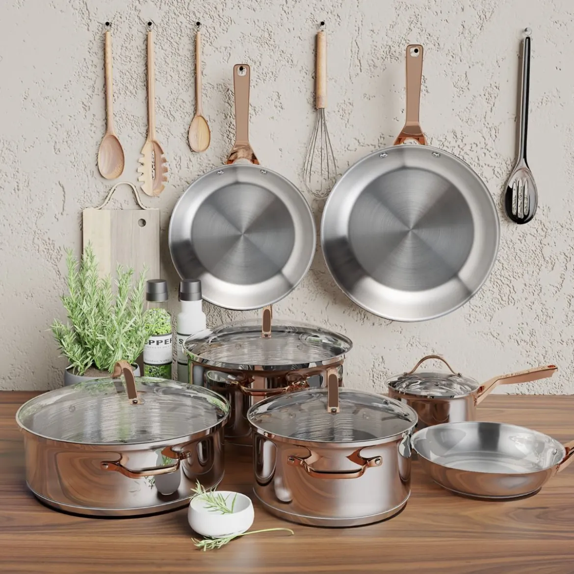11-Teiliges Kochgeschirr Set mit Transparenten Deckeln & Dreilagigem Boden Silber + Roségold