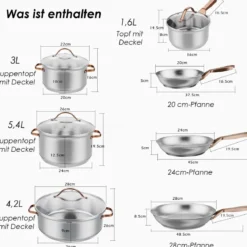 11-Teiliges Kochgeschirr Set mit Transparenten Deckeln & Dreilagigem Boden Silber + Roségold