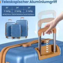 3-teiliges Kofferset Hartschalen Kofferset mit TSA-Schloss Teleskop-Aluminiumgriff & 4 Rollen Blau