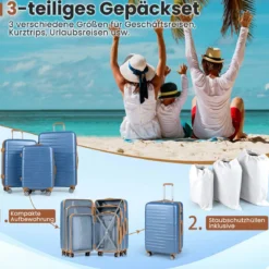 3-teiliges Kofferset Hartschalen Kofferset mit TSA-Schloss Teleskop-Aluminiumgriff & 4 Rollen Blau