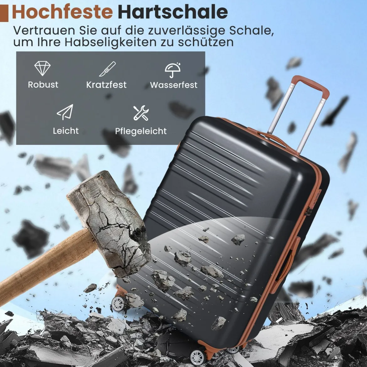 3-teiliges Kofferset Hartschalen Kofferset mit TSA-Schloss Teleskop-Aluminiumgriff & 4 Rollen Schwarz