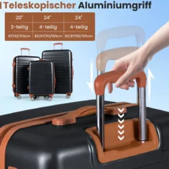 3-teiliges Kofferset Hartschalen Kofferset mit TSA-Schloss Teleskop-Aluminiumgriff & 4 Rollen Schwarz