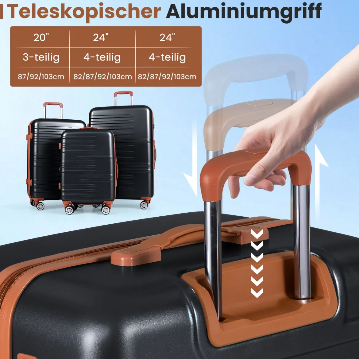 3-teiliges Kofferset Hartschalen Kofferset mit TSA-Schloss Teleskop-Aluminiumgriff & 4 Rollen Schwarz