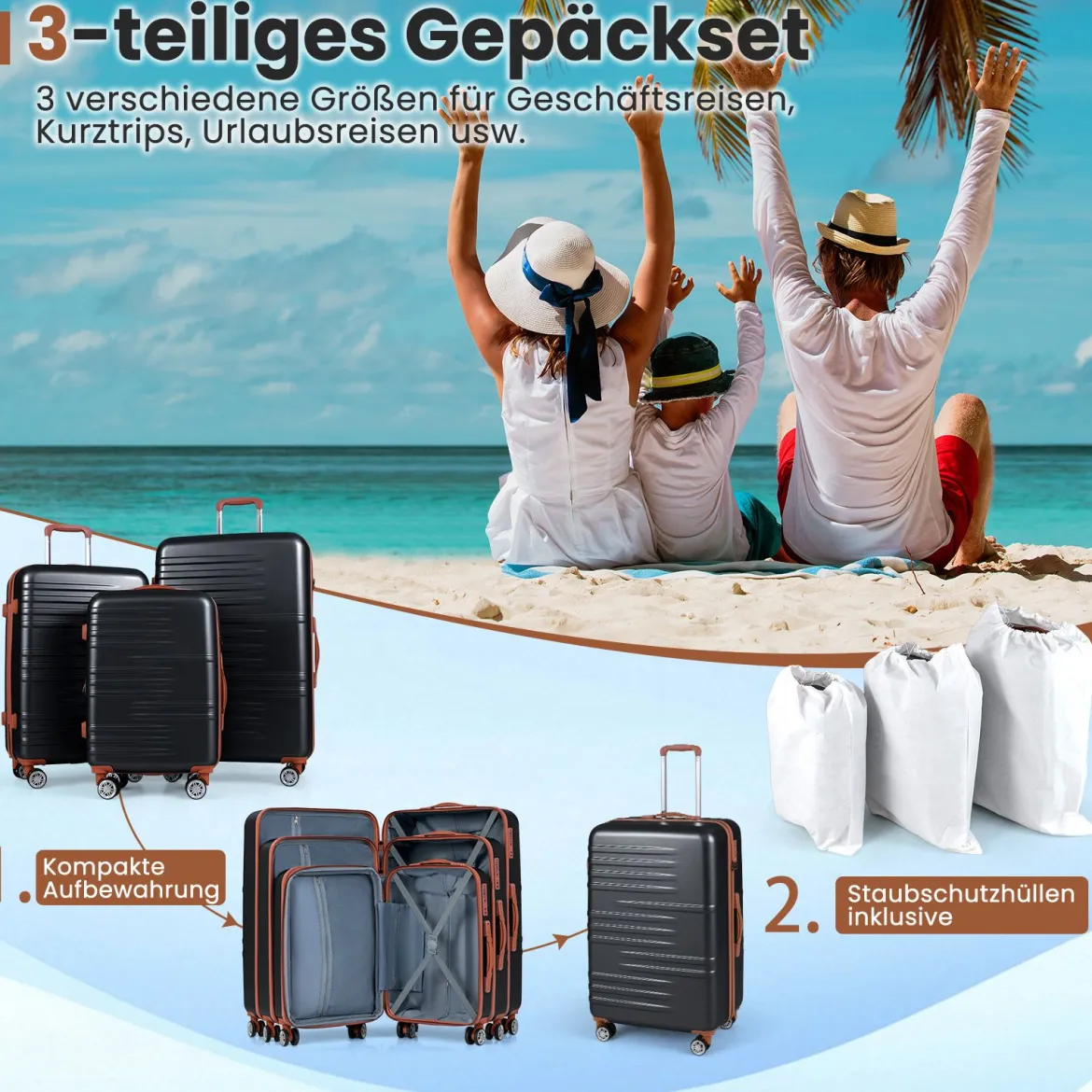 3-teiliges Kofferset Hartschalen Kofferset mit TSA-Schloss Teleskop-Aluminiumgriff & 4 Rollen Schwarz