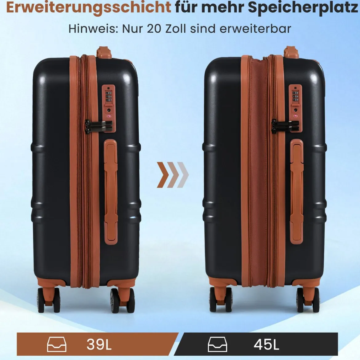 3-teiliges Kofferset Hartschalen Kofferset mit TSA-Schloss Teleskop-Aluminiumgriff & 4 Rollen Schwarz
