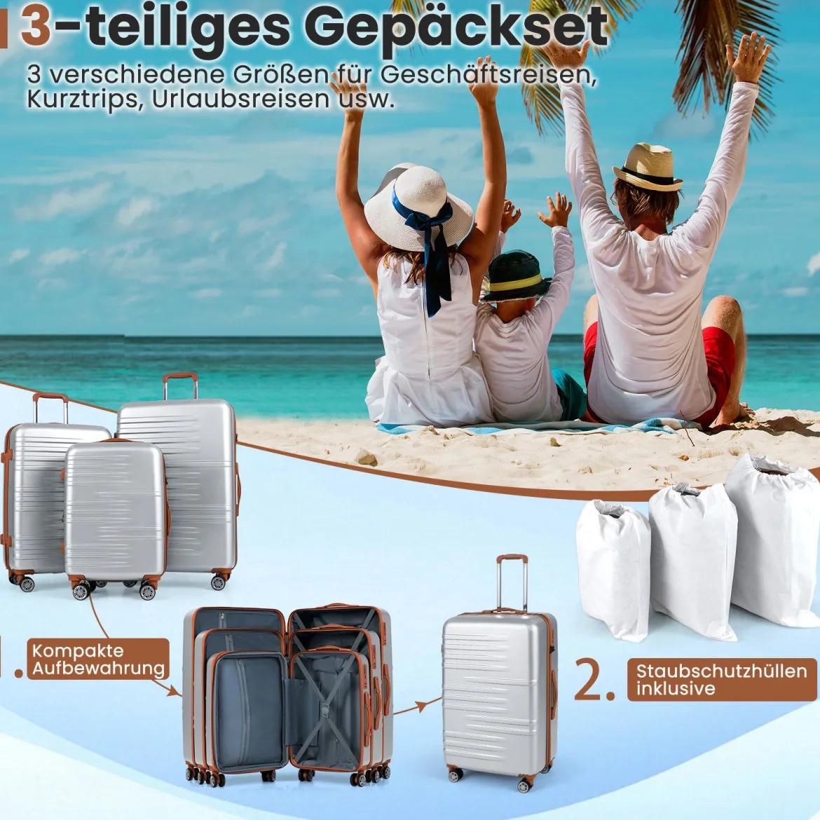 3-teiliges Kofferset Hartschalen Kofferset mit TSA-Schloss Teleskop-Aluminiumgriff & 4 Rollen Silber