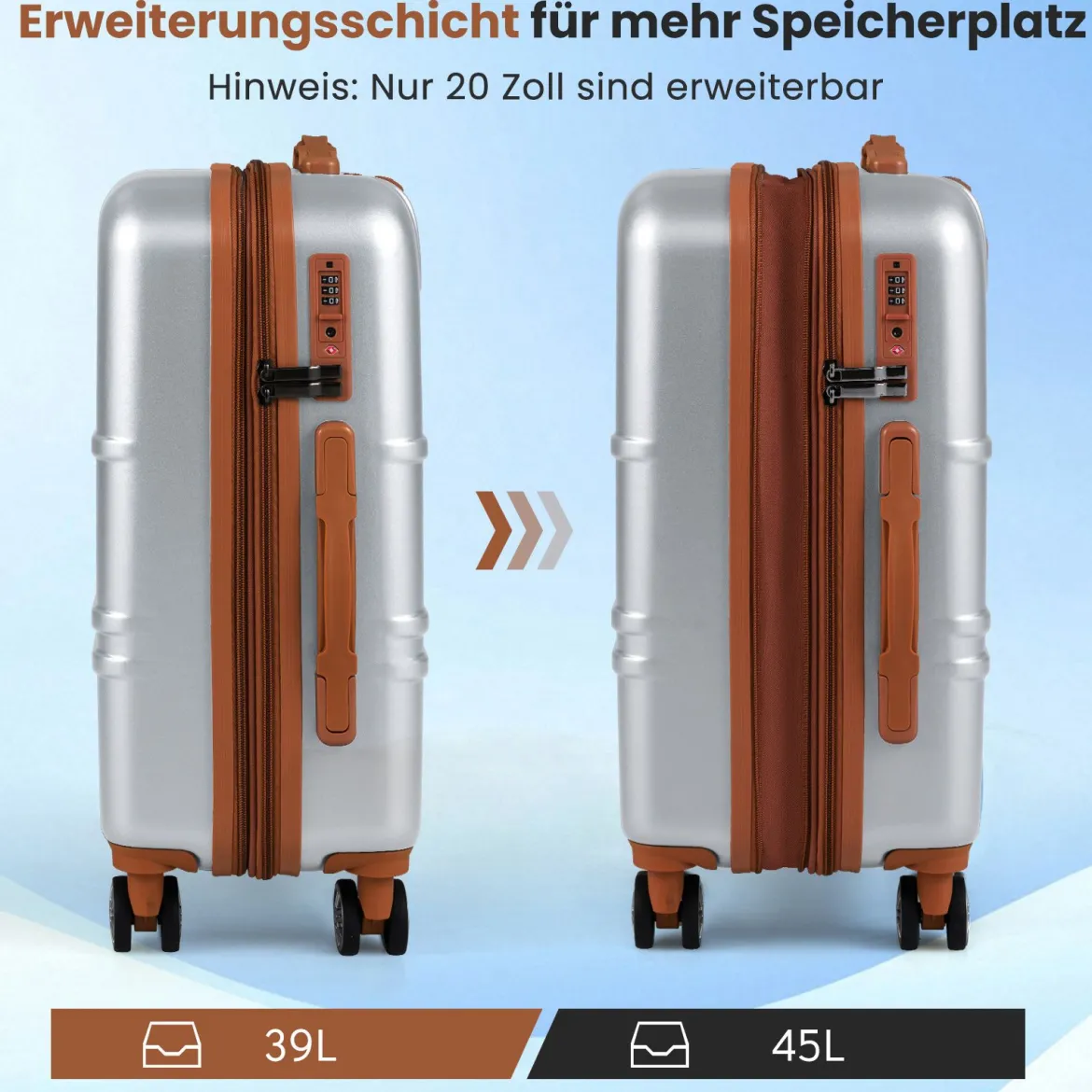 3-teiliges Kofferset Hartschalen Kofferset mit TSA-Schloss Teleskop-Aluminiumgriff & 4 Rollen Silber