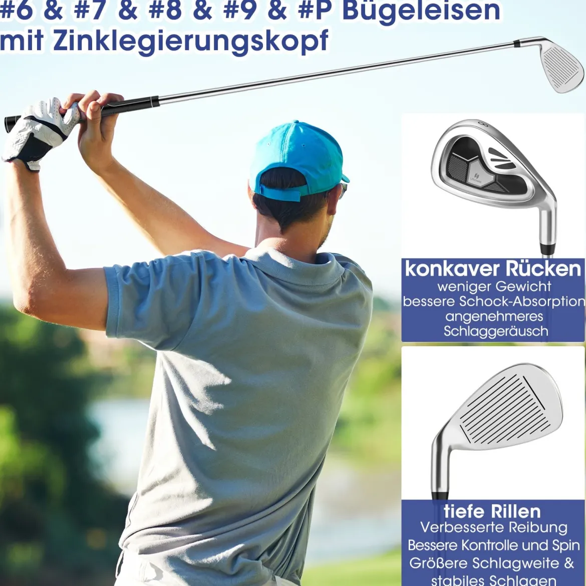 9-teiliges komplettes Golfschlägerset für rechtshändig spielende Herren, inklusive Driver aus Zinklegierung Grau