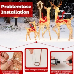 3-teiliges LED Rentier Familie Weihnachtsdeko beleuchtetes Rentier Weihnachtsfigur mit 440 warmweißen Lichtern