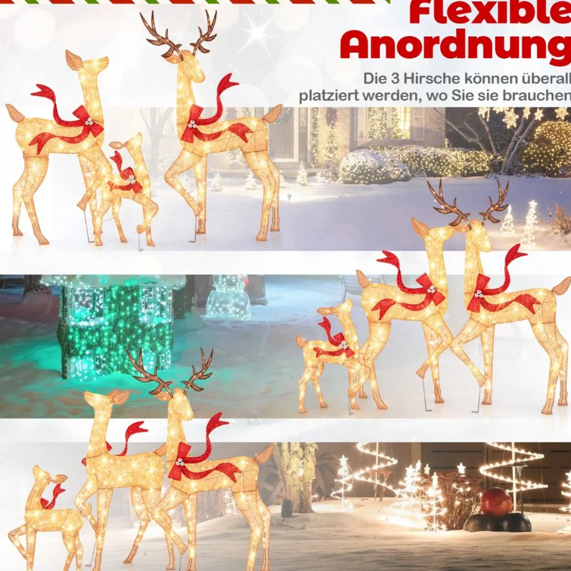3-teiliges LED Rentier Familie Weihnachtsdeko beleuchtetes Rentier Weihnachtsfigur mit 440 warmweißen Lichtern