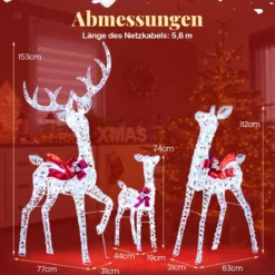 3-teiliges LED Rentier Familie Weihnachtsdeko mit 215 Kaltweißen Lichtern Beleuchtetes Rentier