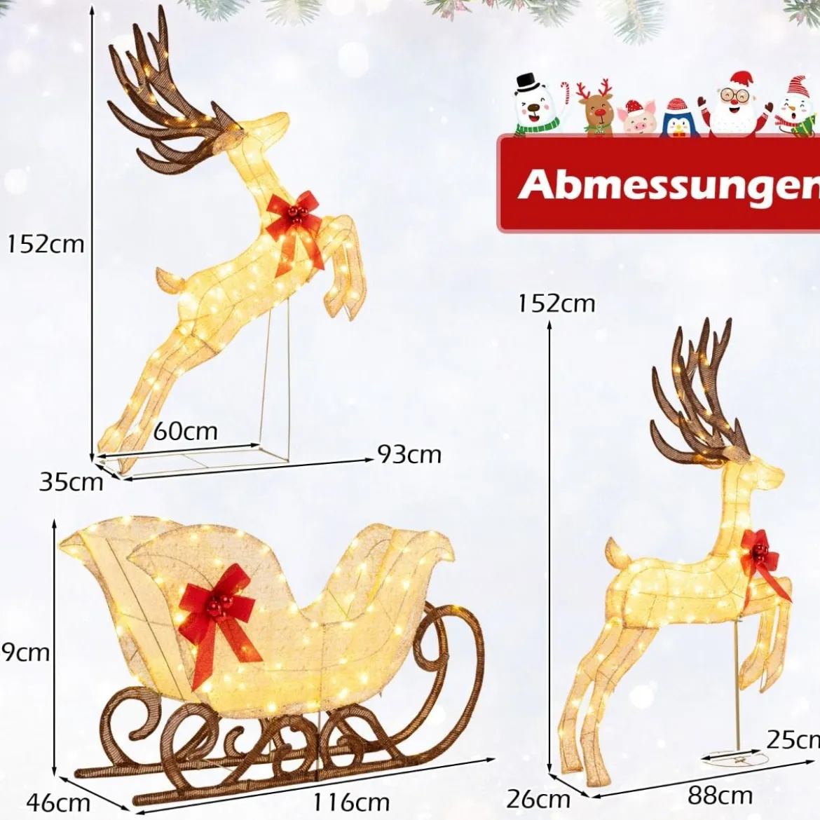 3-teiliges LED Rentier mit Schlitten Beleuchtete Rentier Weihnachtsfigur mit 280 Warmweißen LED-Lichtern