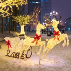 3-teiliges LED Rentier mit Schlitten Beleuchtete Rentier Weihnachtsfigur mit 280 Warmweißen LED-Lichtern