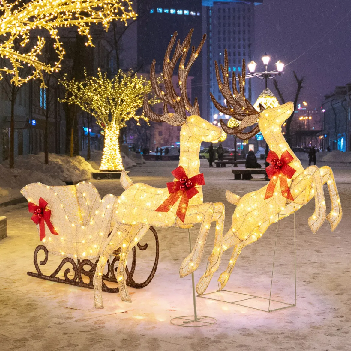 3-teiliges LED Rentier mit Schlitten Beleuchtete Rentier Weihnachtsfigur mit 280 Warmweißen LED-Lichtern