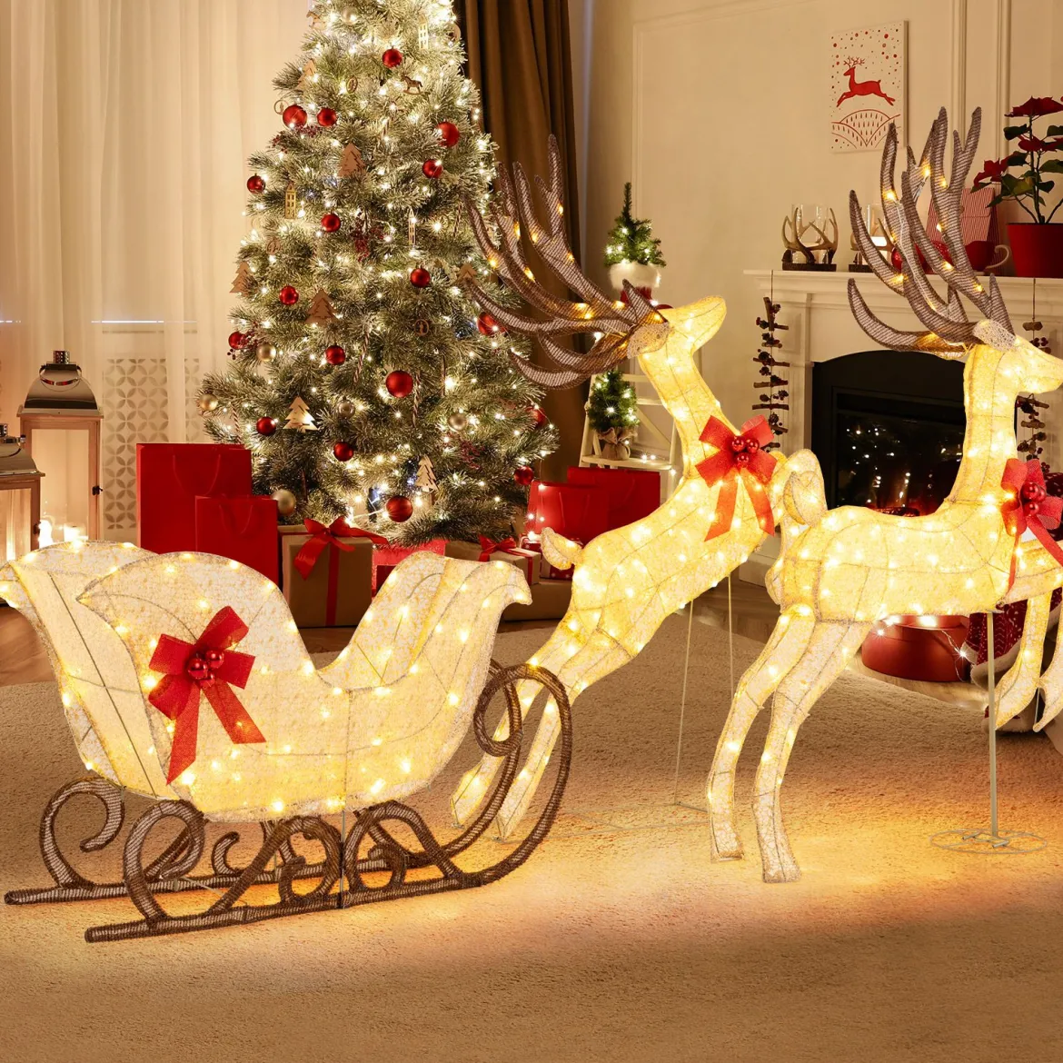 3-teiliges LED Rentier mit Schlitten Beleuchtete Rentier Weihnachtsfigur mit 280 Warmweißen LED-Lichtern