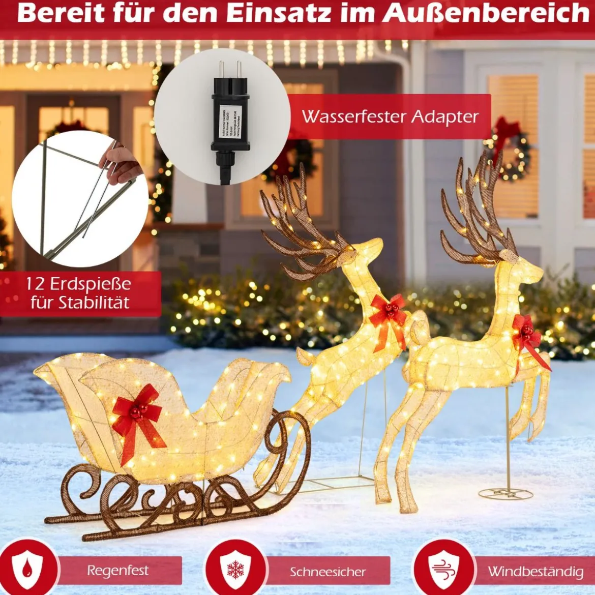 3-teiliges LED Rentier mit Schlitten Beleuchtete Rentier Weihnachtsfigur mit 280 Warmweißen LED-Lichtern