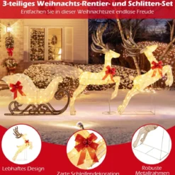 3-teiliges LED Rentier mit Schlitten Beleuchtete Rentier Weihnachtsfigur mit 280 Warmweißen LED-Lichtern
