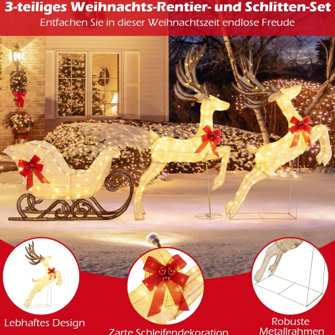 3-teiliges LED Rentier mit Schlitten Beleuchtete Rentier Weihnachtsfigur mit 280 Warmweißen LED-Lichtern