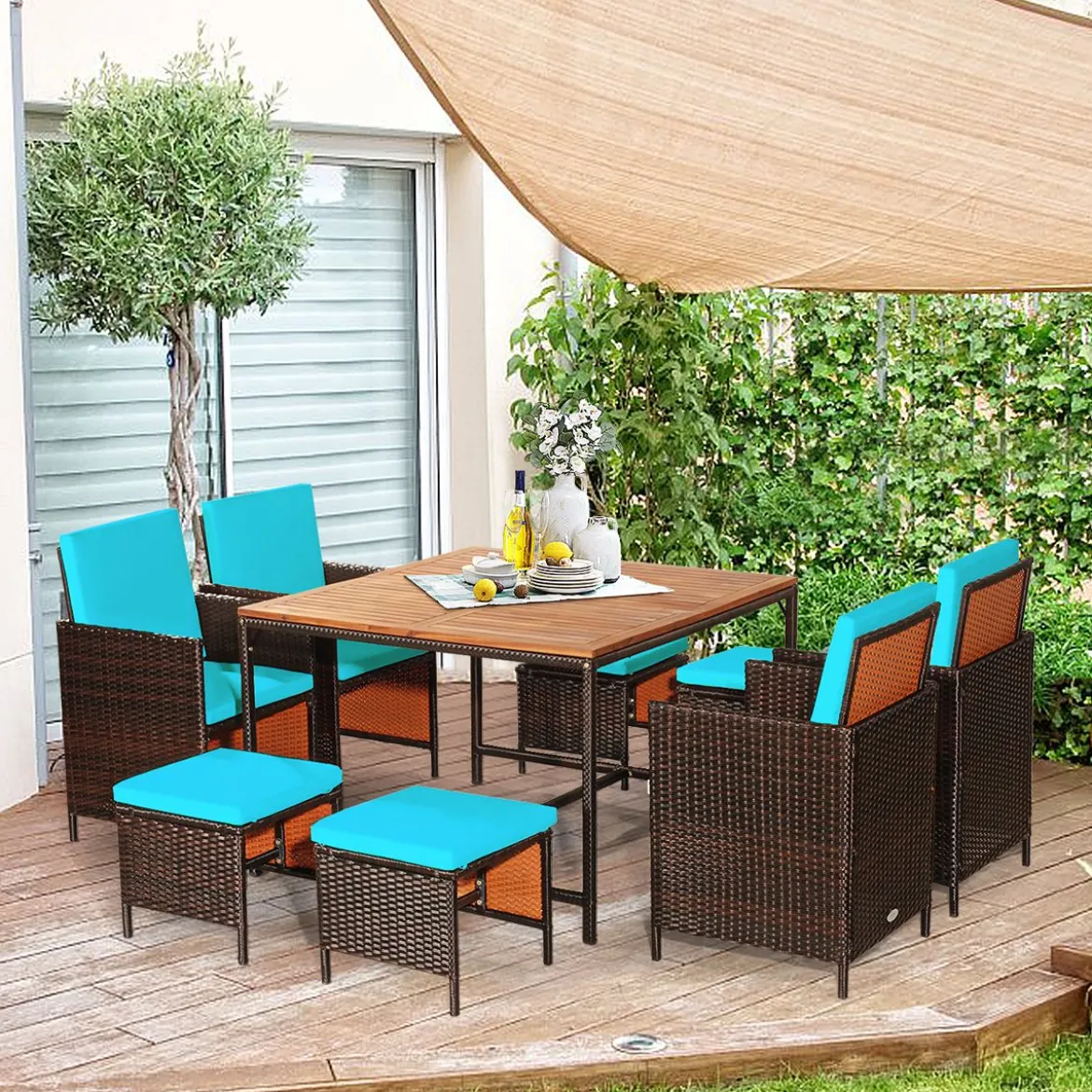 9-teiliges Möbel-Set Polyrattan Set Rattanmöbel Garten Esssitzgruppe mit Kissen Braun + Türkis