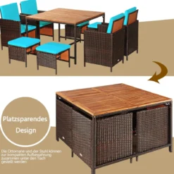 9-teiliges Möbel-Set Polyrattan Set Rattanmöbel Garten Esssitzgruppe mit Kissen Braun + Türkis