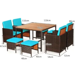 9-teiliges Möbel-Set Polyrattan Set Rattanmöbel Garten Esssitzgruppe mit Kissen Braun + Türkis