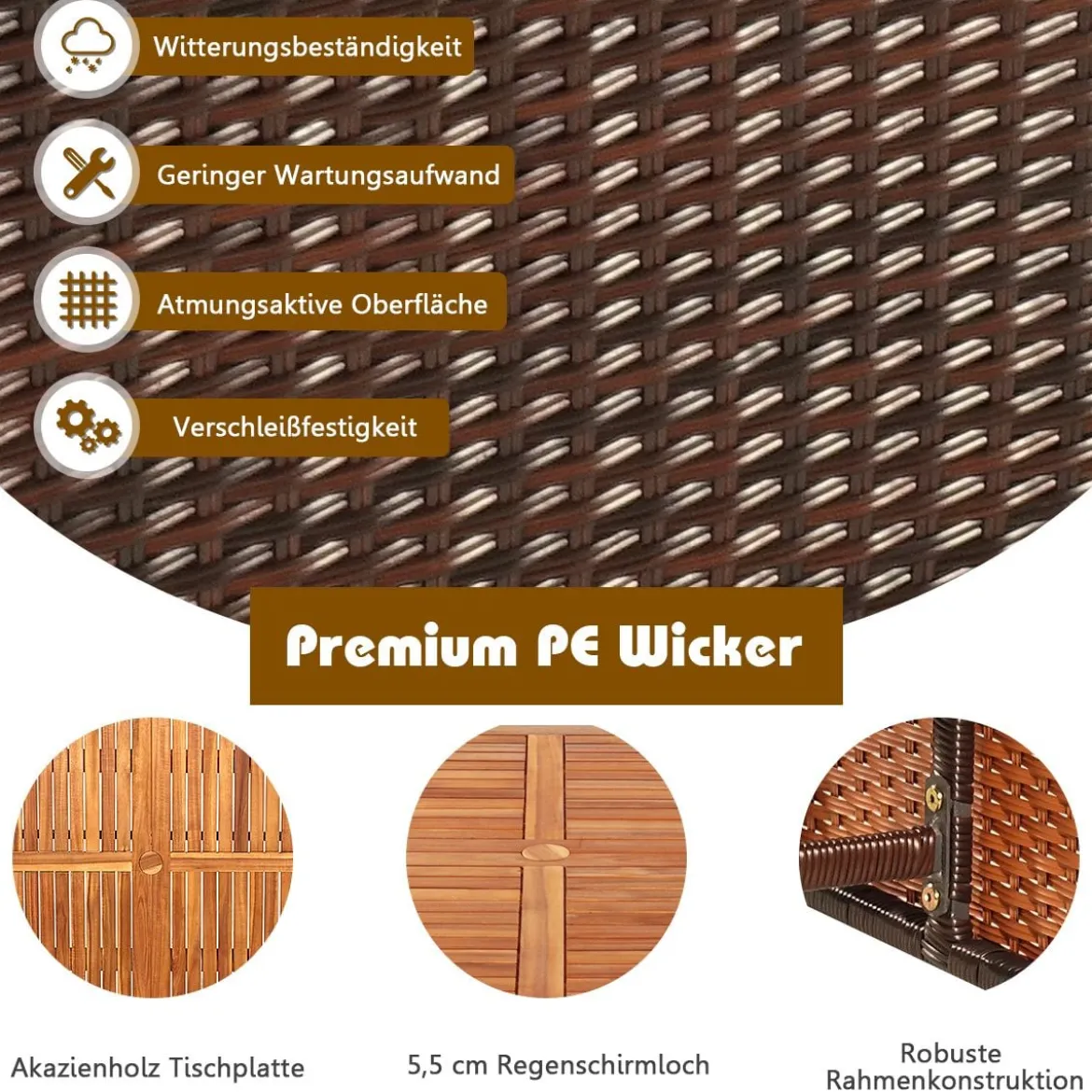 9-teiliges Möbel-Set Polyrattan Set Rattanmöbel Garten Esssitzgruppe mit Kissen Braun + Türkis