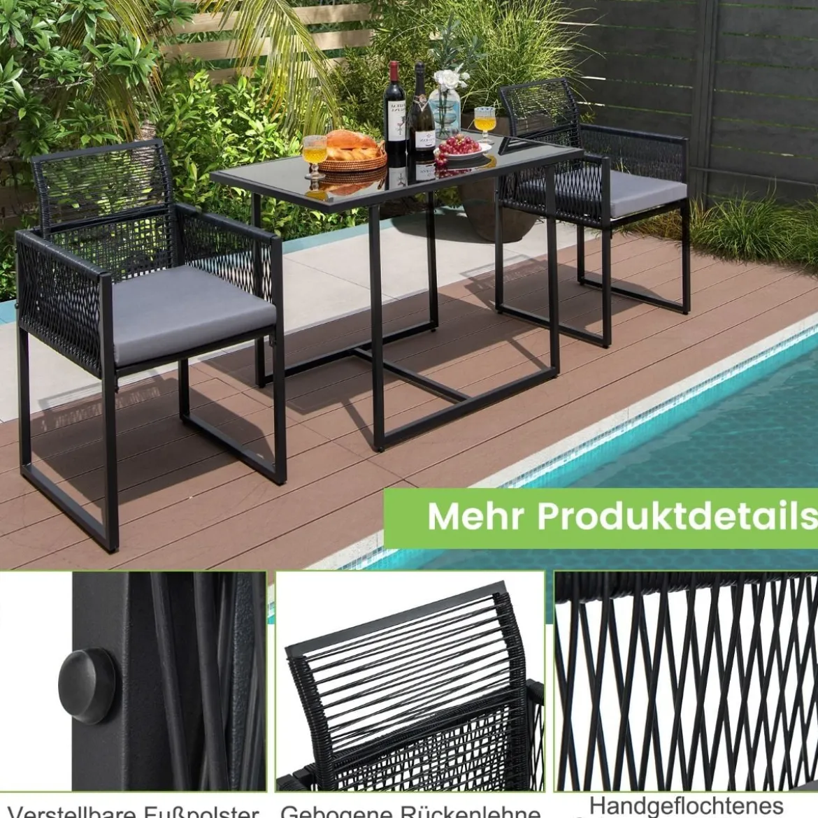 3-Teiliges Outdoor-Dining-Set mit Klappbarer Rückenlehne & Sitzkissen Terrassenmöbel-Set