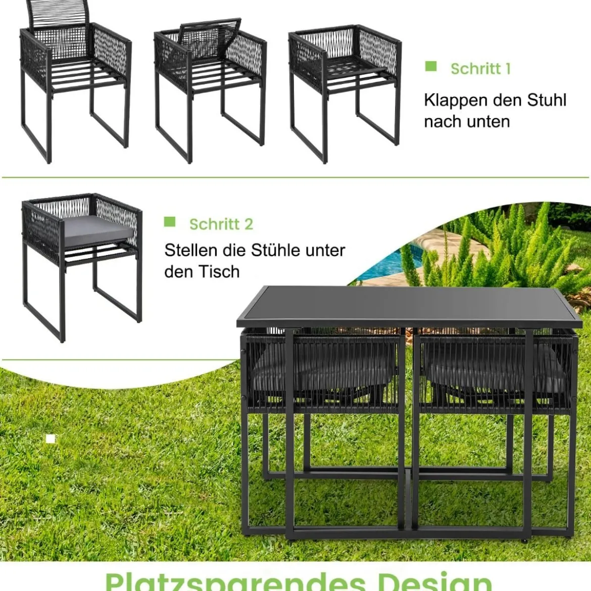3-Teiliges Outdoor-Dining-Set mit Klappbarer Rückenlehne & Sitzkissen Terrassenmöbel-Set