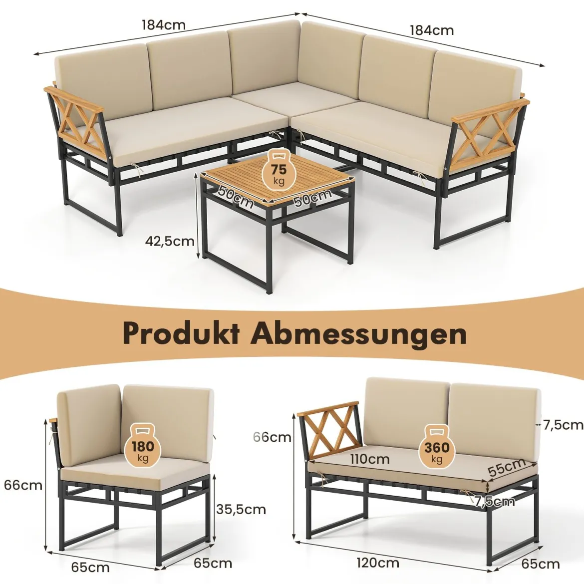 4-teiliges Outdoor Ecksofa-Set L-förmiges Gesprächsset mit Kissen & Sitzfläche Gartenmöbel Beige