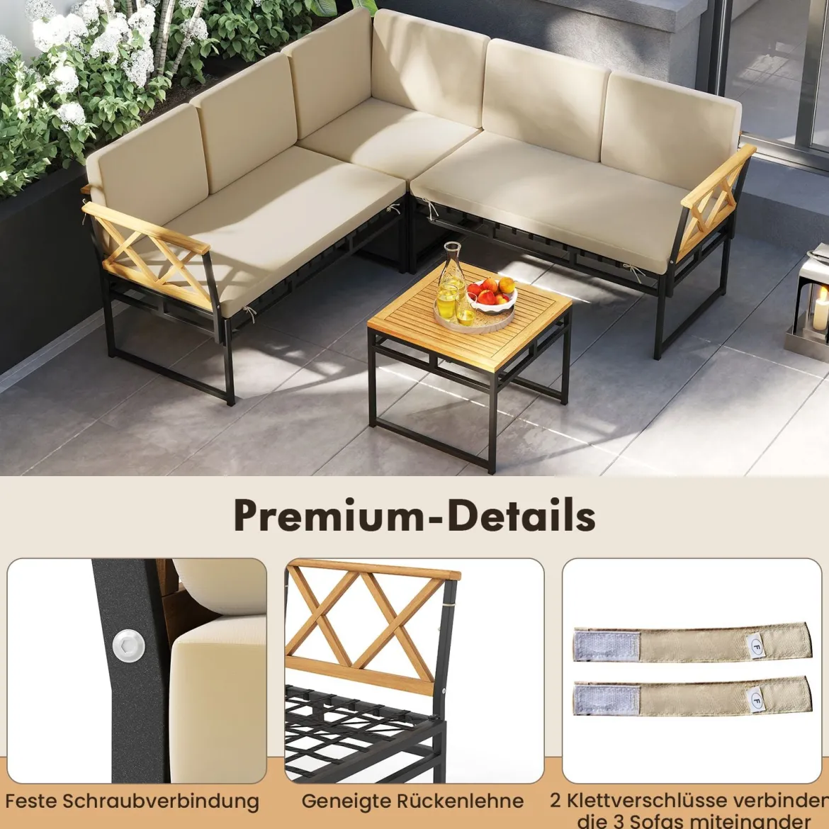 4-teiliges Outdoor Ecksofa-Set L-förmiges Gesprächsset mit Kissen & Sitzfläche Gartenmöbel Beige