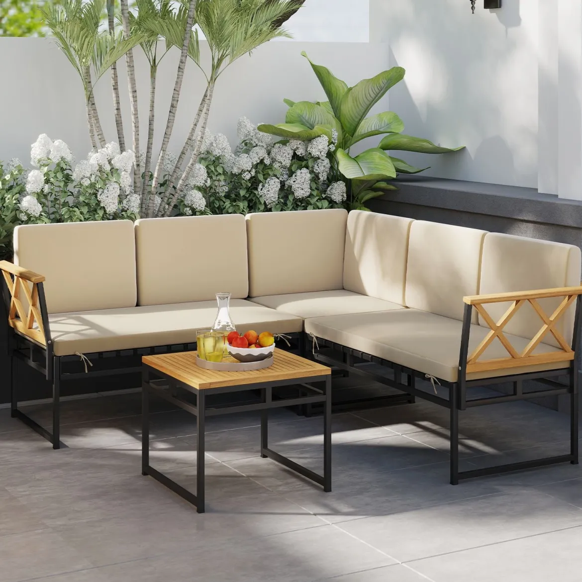 4-teiliges Outdoor Ecksofa-Set L-förmiges Gesprächsset mit Kissen & Sitzfläche Gartenmöbel Beige