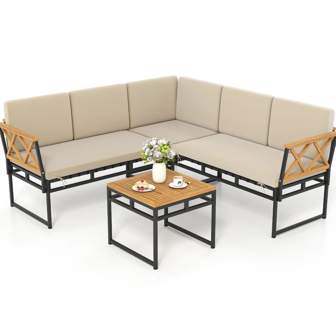 4-teiliges Outdoor Ecksofa-Set L-förmiges Gesprächsset mit Kissen & Sitzfläche Gartenmöbel Beige