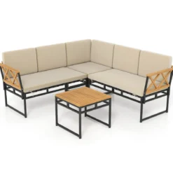 4-teiliges Outdoor Ecksofa-Set L-förmiges Gesprächsset mit Kissen & Sitzfläche Gartenmöbel Beige