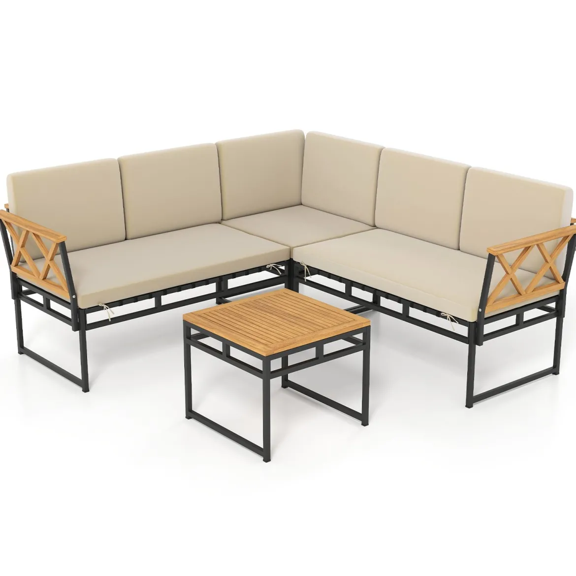 4-teiliges Outdoor Ecksofa-Set L-förmiges Gesprächsset mit Kissen & Sitzfläche Gartenmöbel Beige