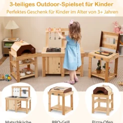 3-teiliges Outdoor-Küchenset Matschküche aus Holz BBQ-Grill und Pizzaofen mit Wasserkasten