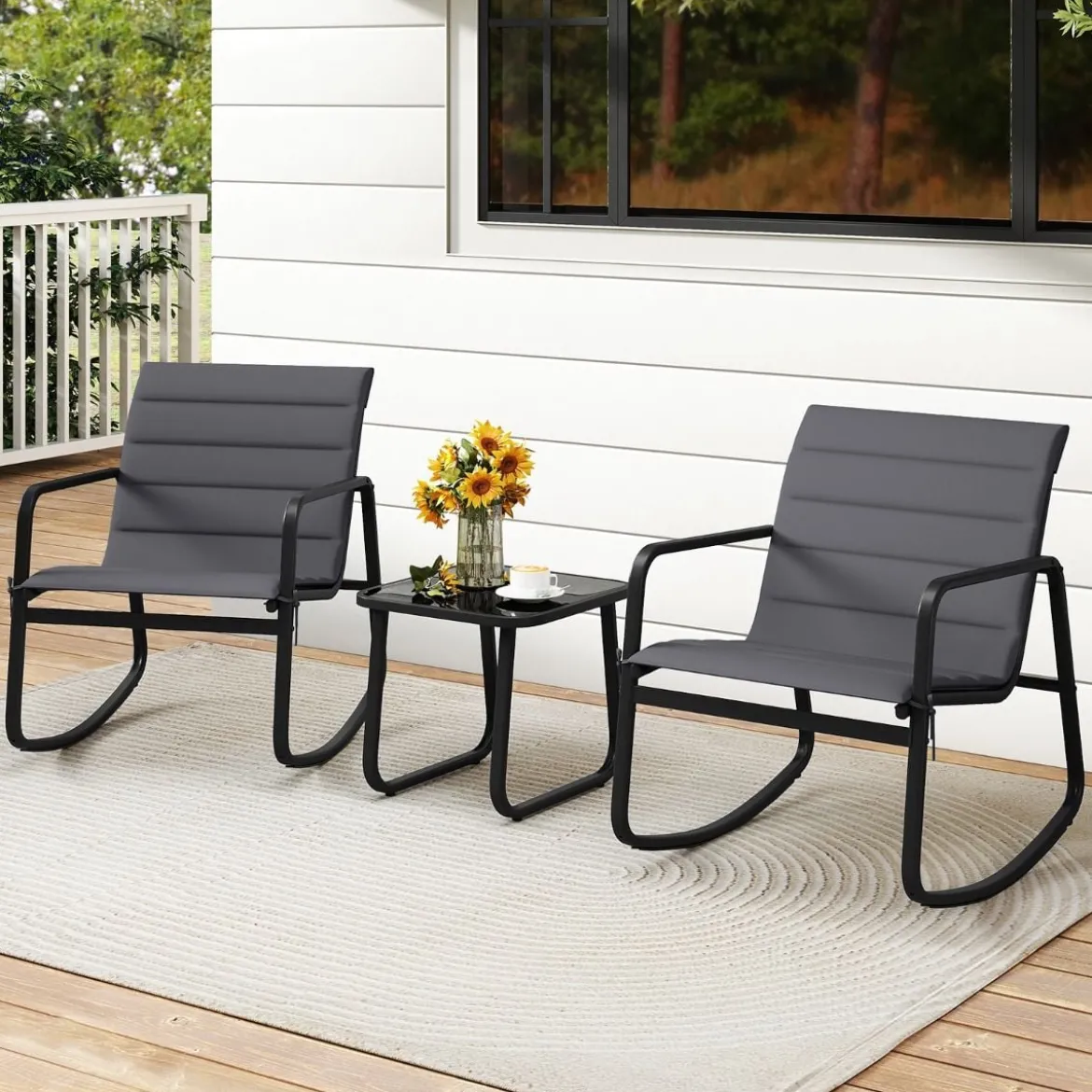 3-teiliges Outdoor Schaukel-Bistro-Set 2 Schaukelstühlen mit gehärtetem Glastisch Verandastühle Grau