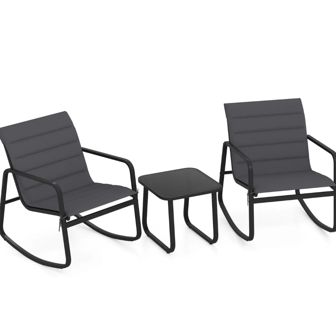 3-teiliges Outdoor Schaukel-Bistro-Set 2 Schaukelstühlen mit gehärtetem Glastisch Verandastühle Grau