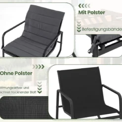 3-teiliges Outdoor Schaukel-Bistro-Set 2 Schaukelstühlen mit gehärtetem Glastisch Verandastühle Grau