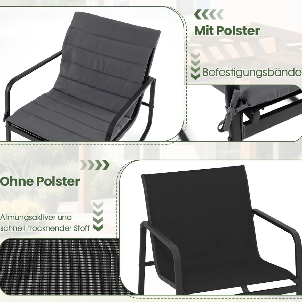 3-teiliges Outdoor Schaukel-Bistro-Set 2 Schaukelstühlen mit gehärtetem Glastisch Verandastühle Grau