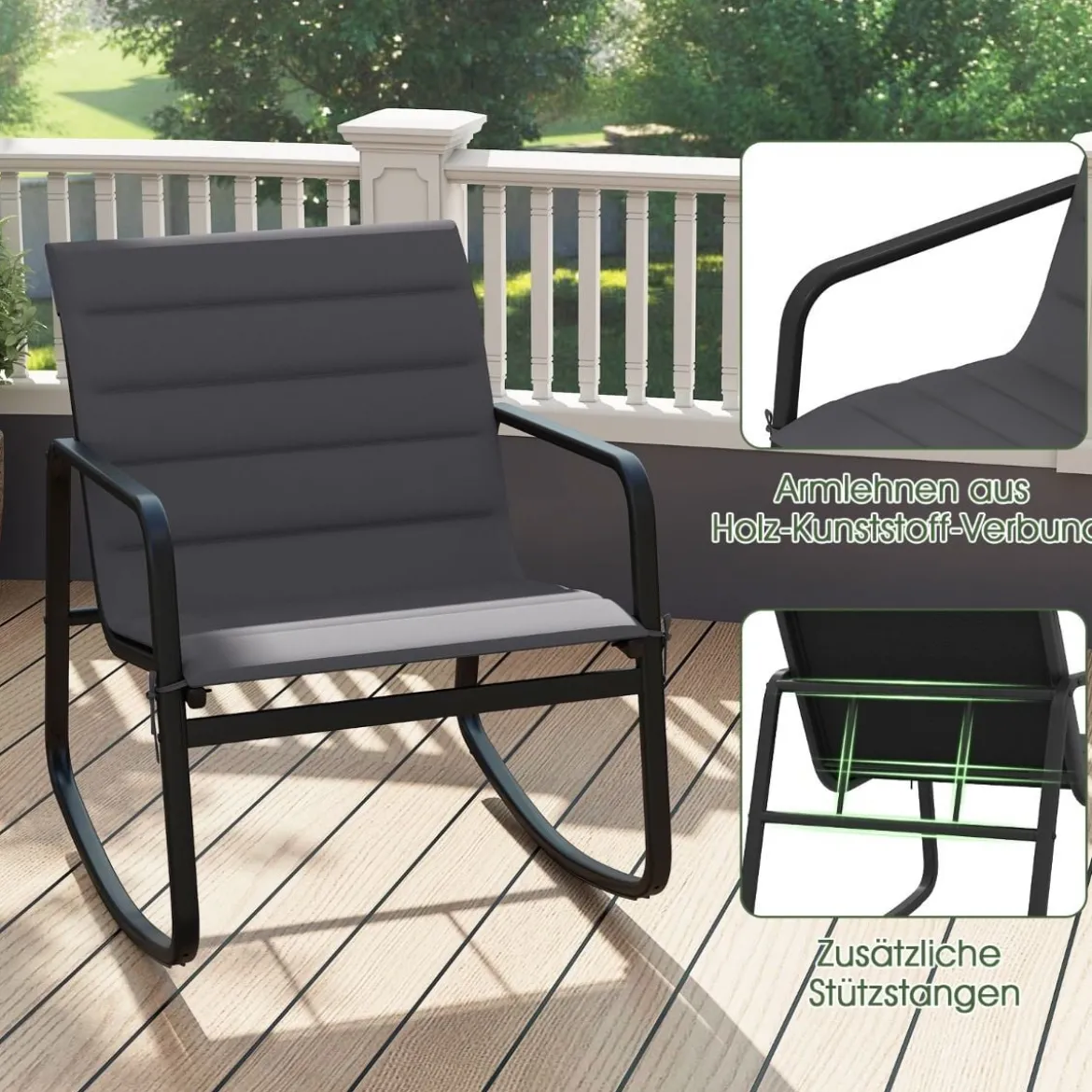 3-teiliges Outdoor Schaukel-Bistro-Set 2 Schaukelstühlen mit gehärtetem Glastisch Verandastühle Grau