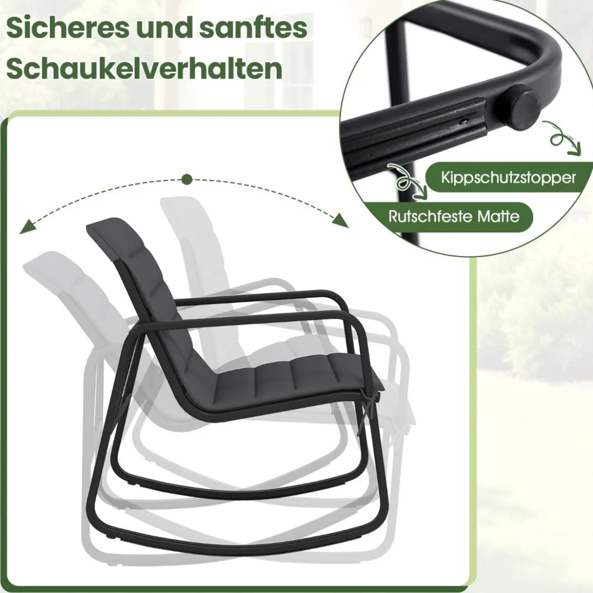 3-teiliges Outdoor Schaukel-Bistro-Set 2 Schaukelstühlen mit gehärtetem Glastisch Verandastühle Grau