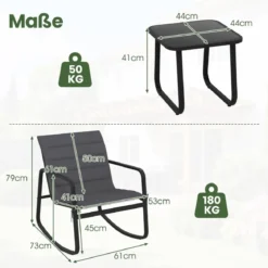 3-teiliges Outdoor Schaukel-Bistro-Set 2 Schaukelstühlen mit gehärtetem Glastisch Verandastühle Grau