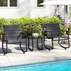 3-teiliges Outdoor Schaukel-Bistro-Set 2 Schaukelstühlen mit gehärtetem Glastisch Verandastühle Grau
