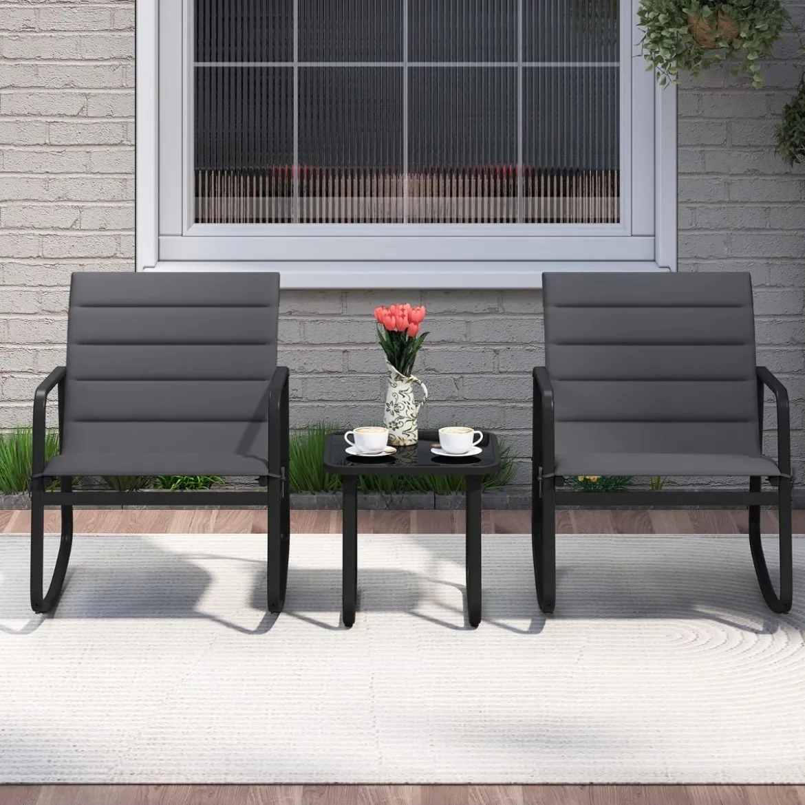 3-teiliges Outdoor Schaukel-Bistro-Set 2 Schaukelstühlen mit gehärtetem Glastisch Verandastühle Grau
